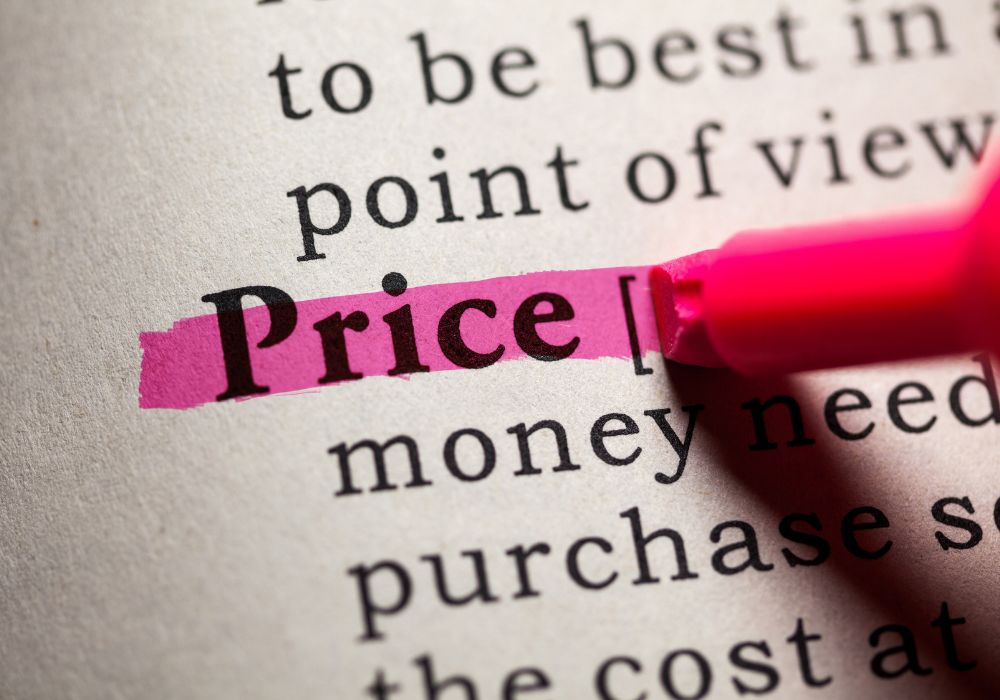A close-up shot of the word "Price" being highlighted with a bright pink marker in a dictionary or textbook