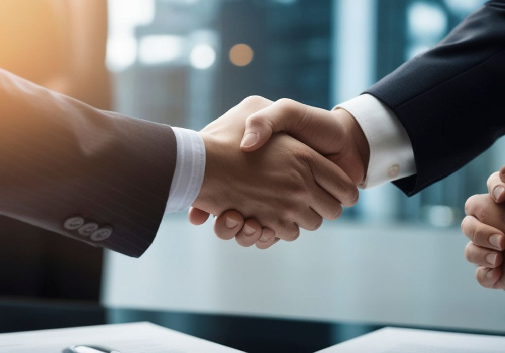 A close-up of a firm handshake between two business professionals in suits representing buying a business in Australia