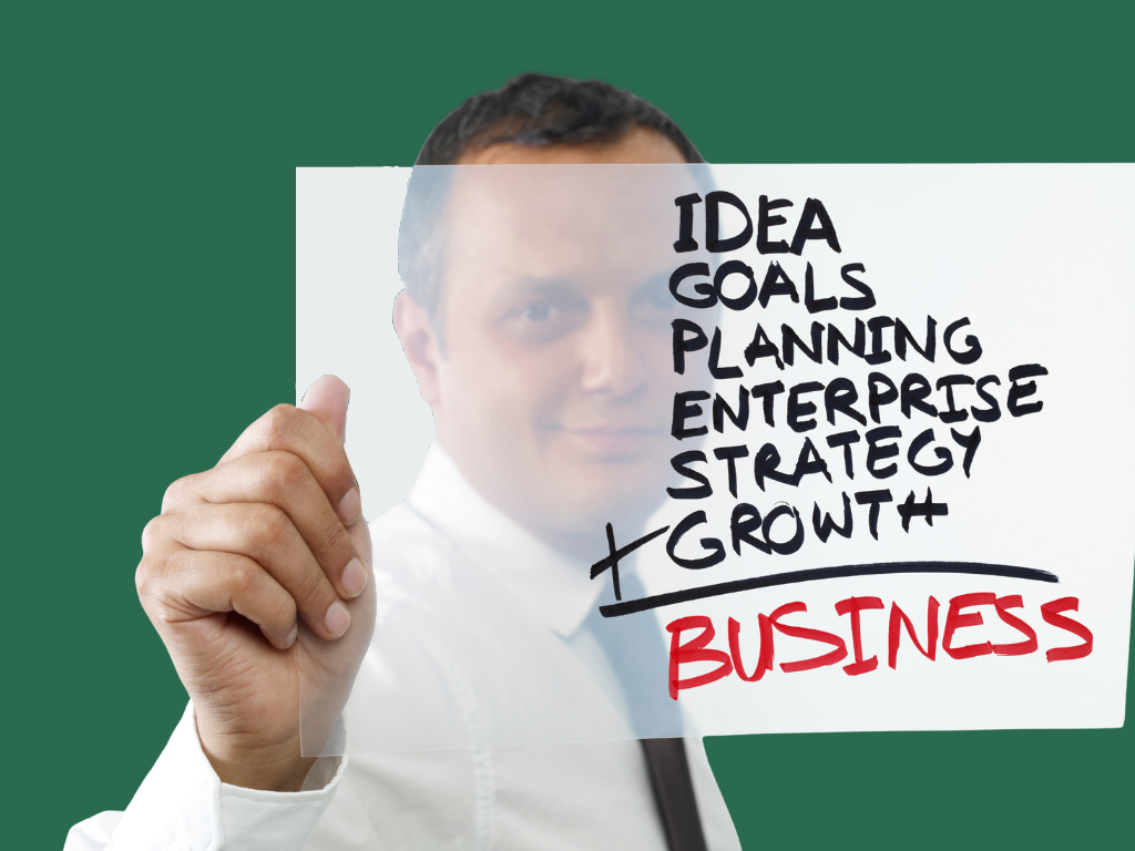 A man in a white shirt and tie holding a transparent pane with a list of words including "IDEA," "GOALS," "PLANNING," "STRATEGY," and "GROWTH," summed up by the word "BUSINESS"