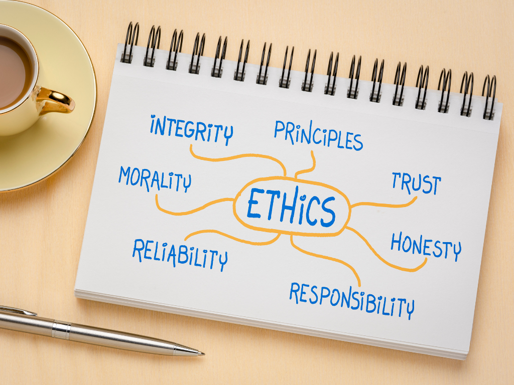 A hand-drawn mind map on a spiral notebook centered around the word "ETHICS," with branches connecting to terms