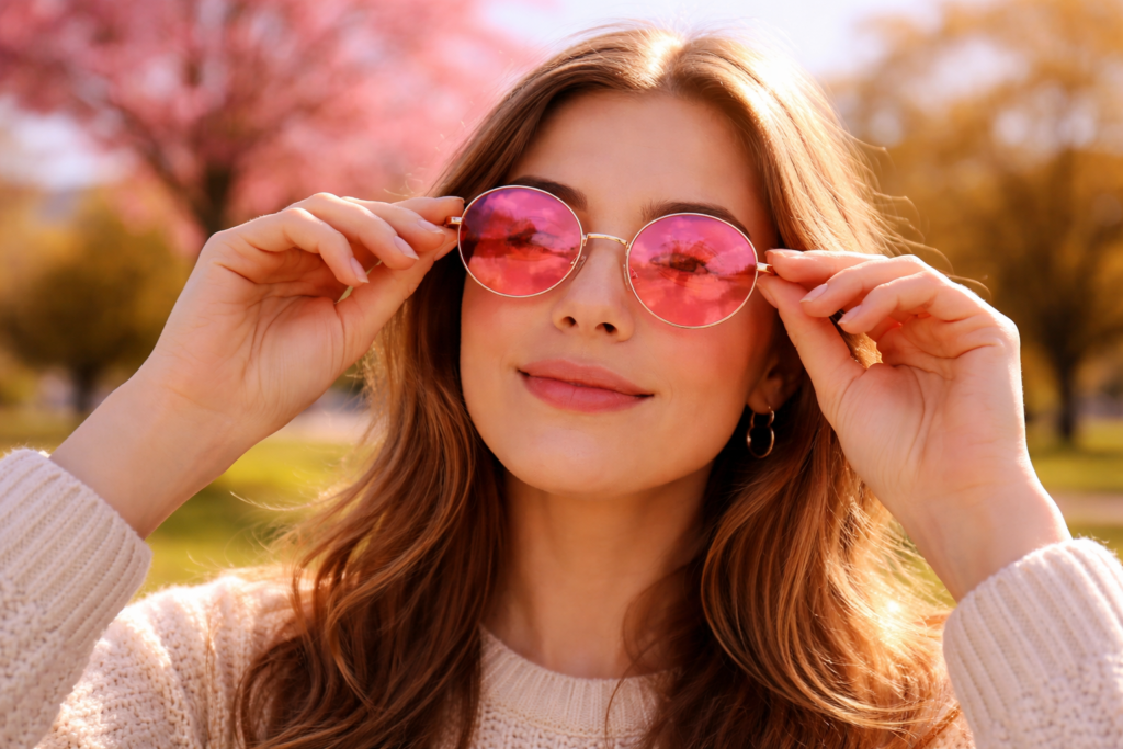 A woman with long wavy brown hair wearing a cream-coloured sweater and round pink-tinted sunglasses