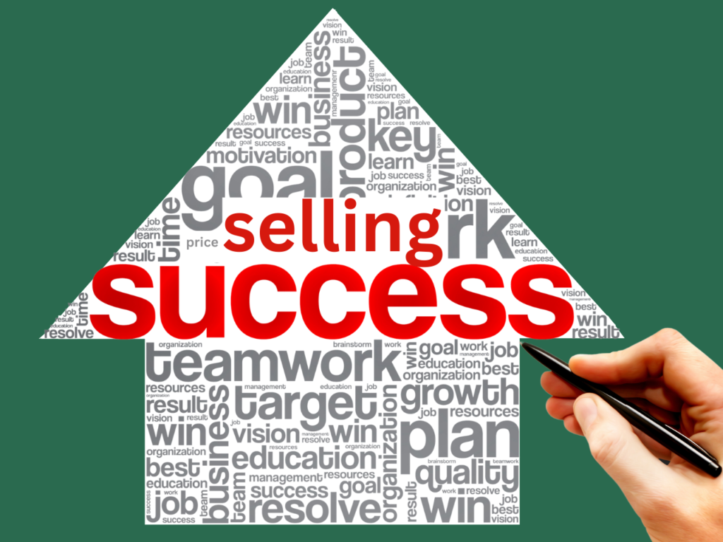 An upward-pointing arrow shape filled with a word cloud of business-related terms such as "selling," "teamwork," and "growth," with the word "success"